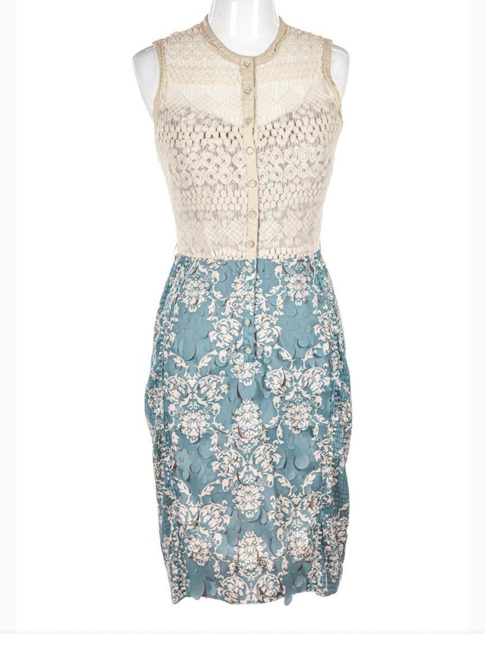 Byron Lars Cream Lace Bodice Blue Damask Sheath Dress